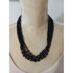 Vintage Lady Remington LR Black Multi-Strand Beaded Necklace 20" Gold Tone